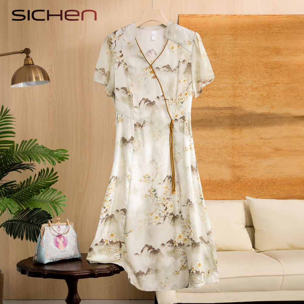 妈妈夏装洋气V领连衣裙新中式