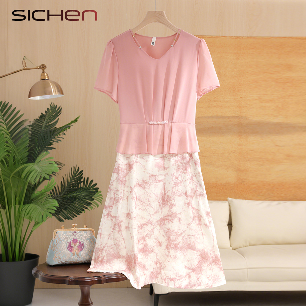 中年妈妈夏季新款洋气雪纺连衣裙