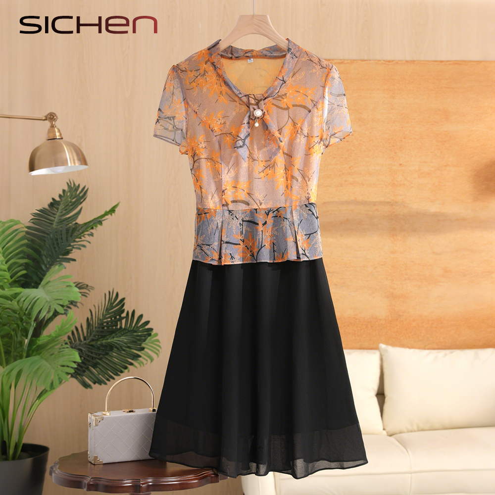 妈妈夏装洋气轻薄假两件连衣裙