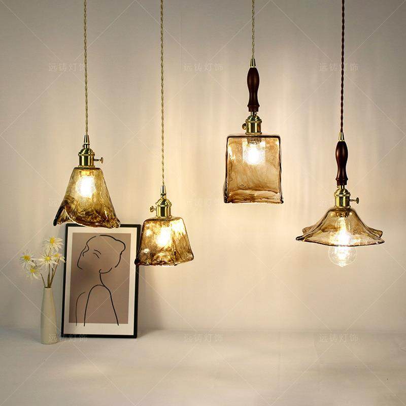 怀旧复古黄铜琥珀玻璃灯个性侘寂风民宿卧室床头餐厅吧台玄关吊灯