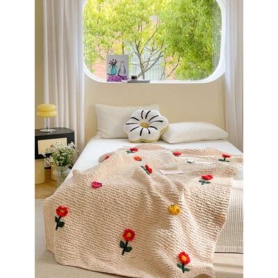 手工编织~复古粗毛线毯子立体花朵绒毯单人空调毯民宿装饰床尾毯