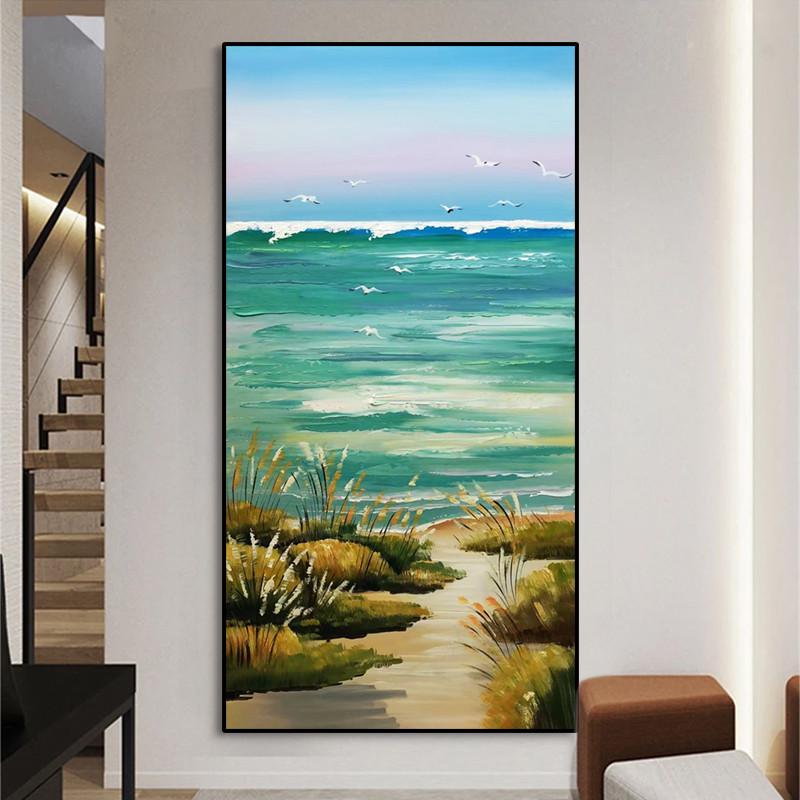 抽象海景油画入户玄关客厅纯手绘风景装饰画走廊丙烯竖版肌理挂画图片