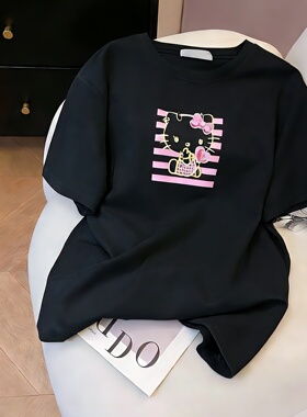 日系复古黑色Kitty猫咪印花短袖T恤女夏季小众设计感百搭显瘦上衣