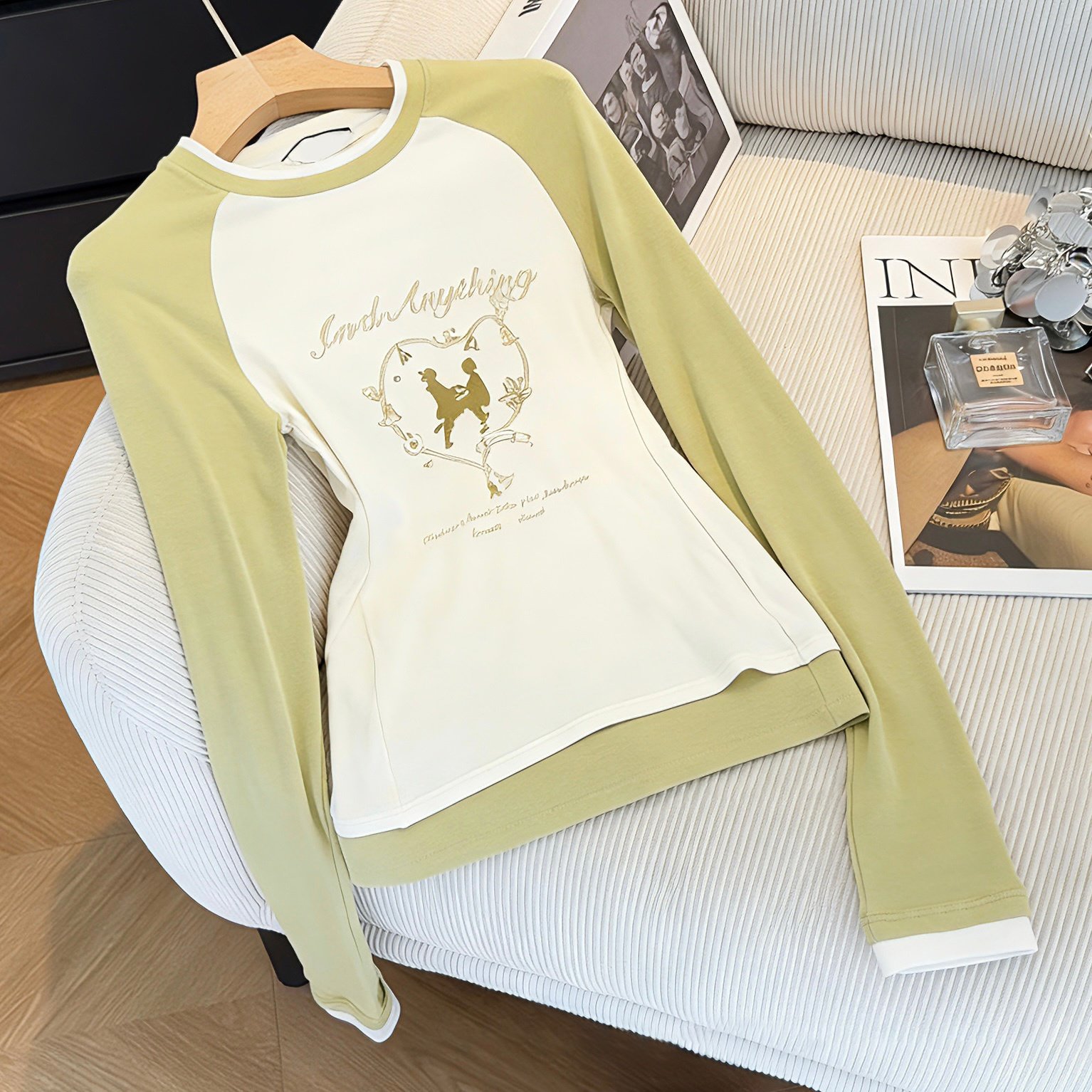 韩系复古别致撞色插肩袖印花长袖T恤春秋设计感减龄百搭打底上衣,女装/女士精品,T恤,淘宝优惠券,粉丝福利购,淘宝优惠卷