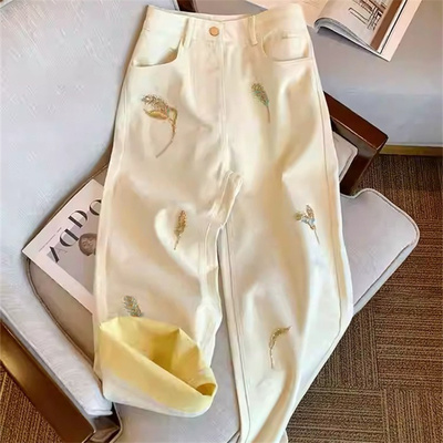 设计感复古烫金刺绣高腰直筒牛仔裤女春秋时尚宽松休闲显瘦阔腿裤