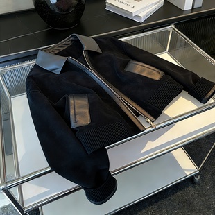 时尚复古麂皮绒显瘦短款外套女春秋高级感洋气黑色百搭夹克衫上衣