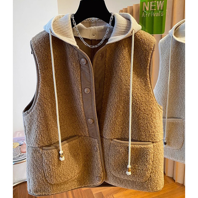 欧洲站复古针织拼接羊羔毛连帽马甲女秋冬季宽松撞色坎肩背心上衣