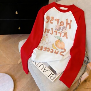 小众设计感趣味印花字母插件长袖T恤女春秋甜美宽松休闲薄款上衣