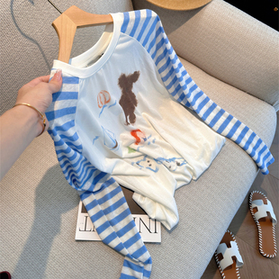 小清新蓝色条纹插件圆领长袖T恤秋季设计感复古宽松百搭防晒上衣