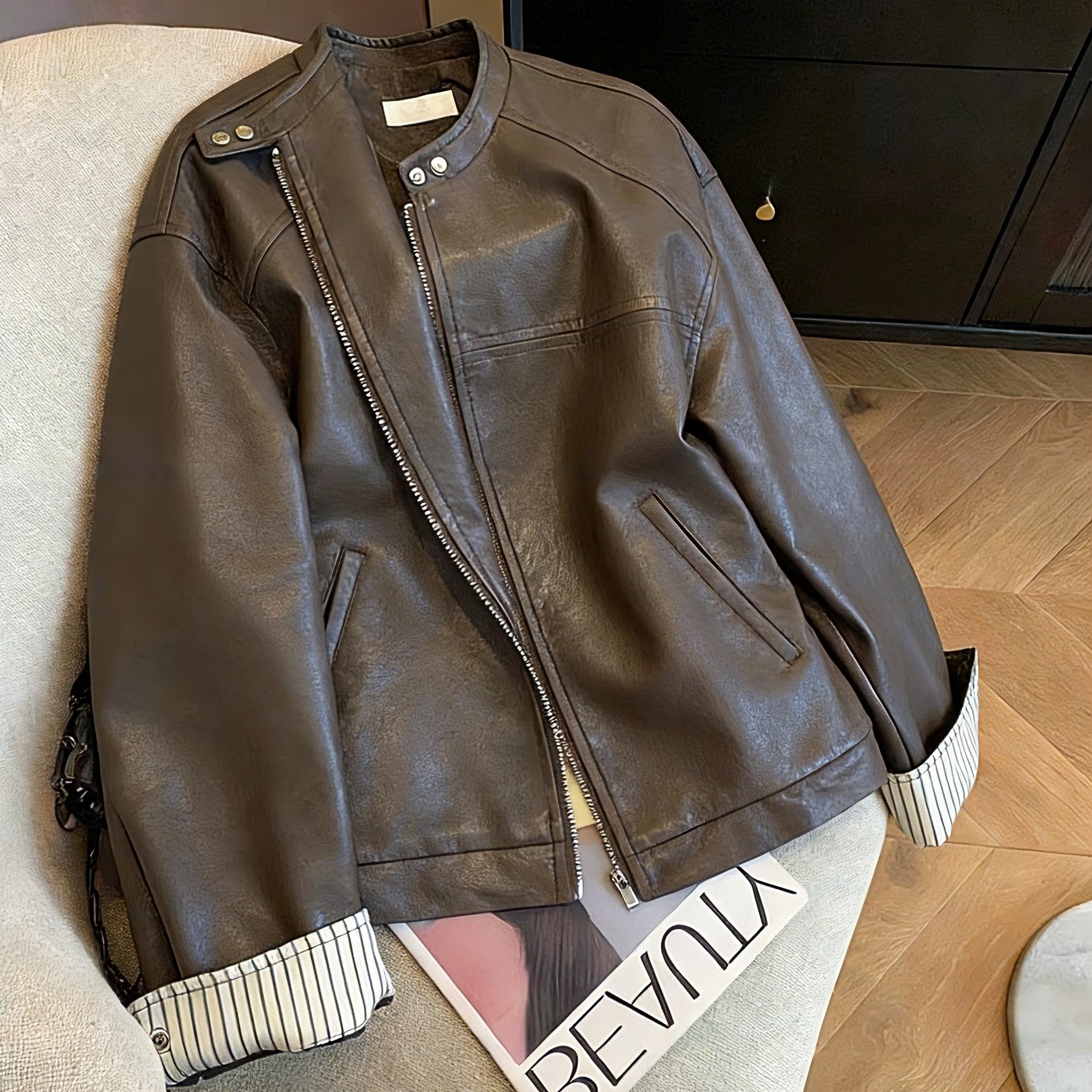 潮牌复古咖色条纹拼接皮衣外套女春秋美式甜酷机车风炸街夹克上衣,女装/女士精品,短外套,淘宝优惠券,粉丝福利购,淘宝优惠卷