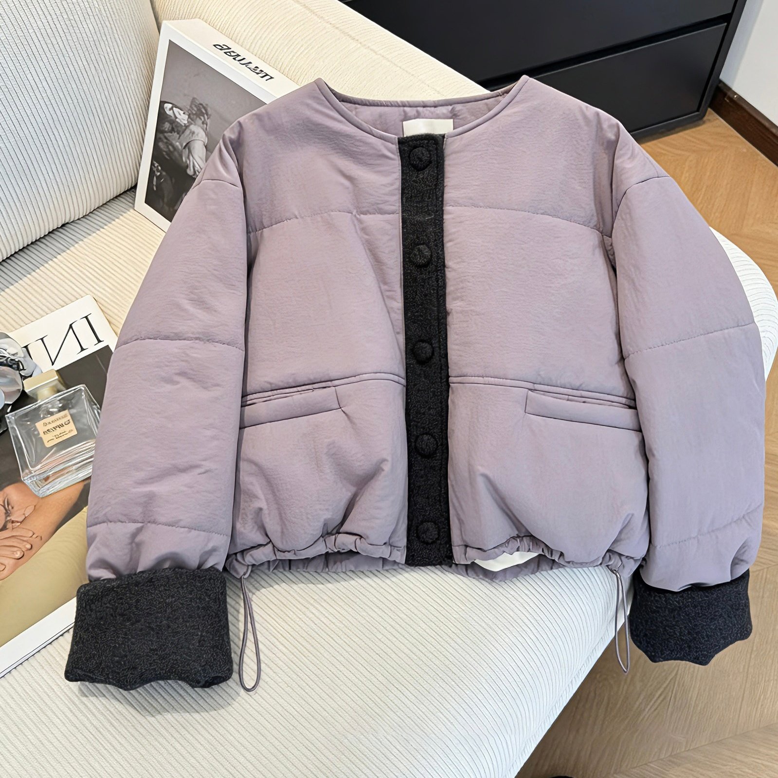 韩系小香风减龄拼色圆领棉服外套女秋冬季时尚设计感休闲百搭棉衣,女装/女士精品,棉衣/棉服,淘宝优惠券,粉丝福利购,淘宝优惠卷