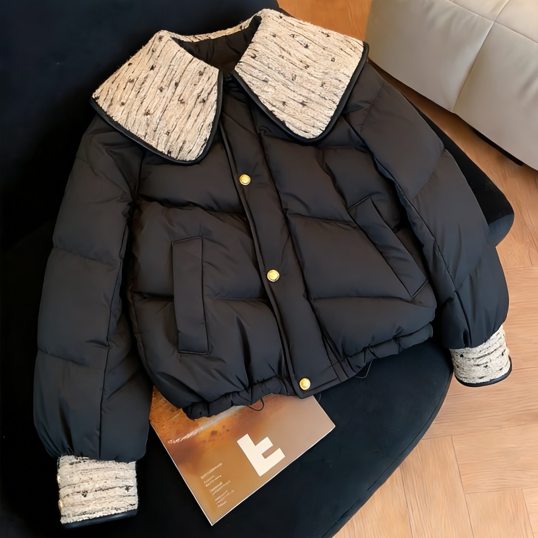 高级感黑色重工大翻领棉服外套女秋冬季韩版时尚宽松百搭加厚棉衣,女装/女士精品,短外套,淘宝优惠券,粉丝福利购,淘宝优惠卷