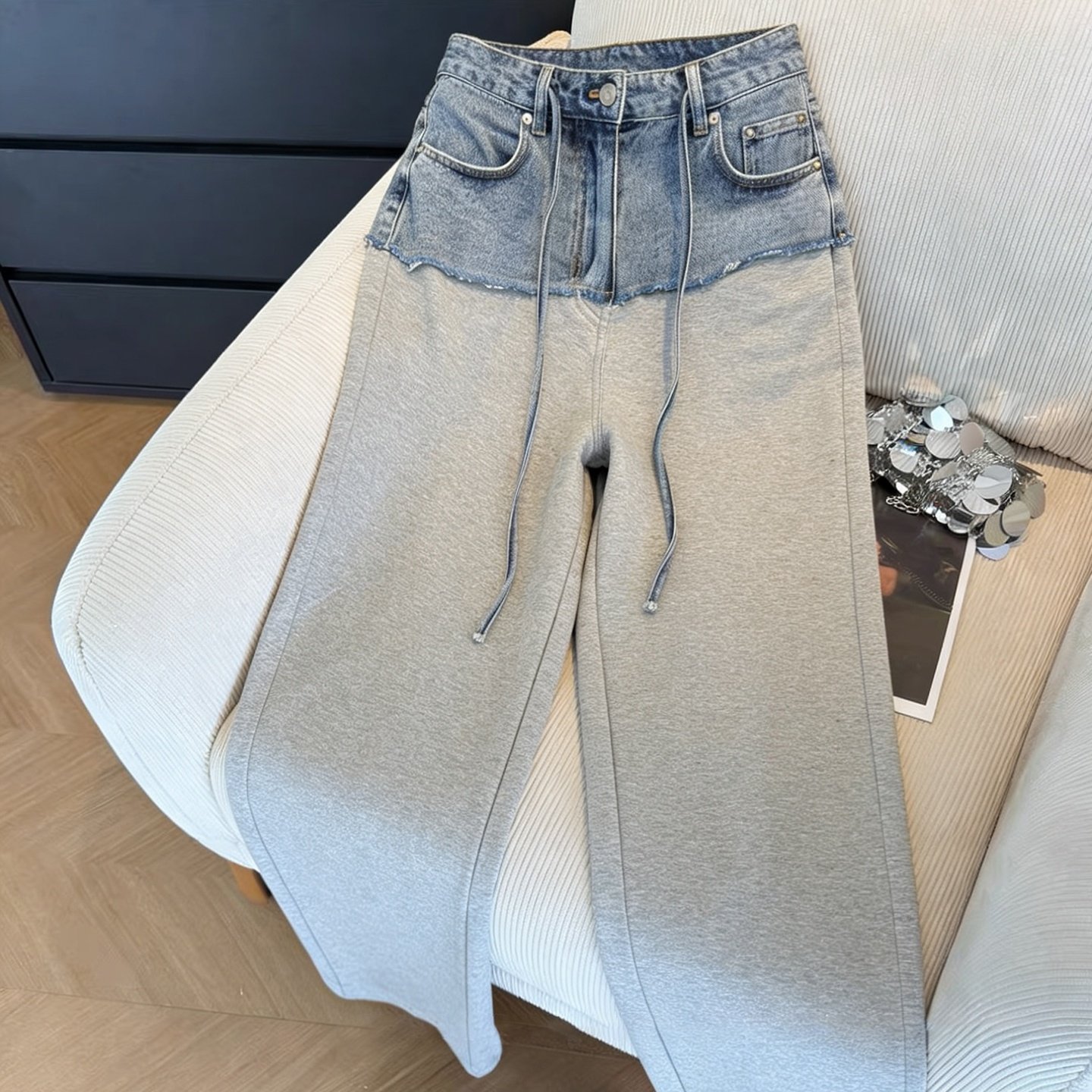 复古洋气假两件拼接抽绳休闲裤女春秋季韩版时尚高腰显瘦直筒长裤,女装/女士精品,休闲裤,淘宝优惠券,粉丝福利购,淘宝优惠卷