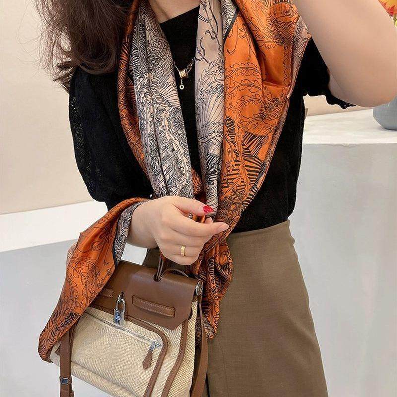 秘林爱马橘气质真丝女春秋季韩版百搭缎面方巾桑蚕丝丝巾披肩