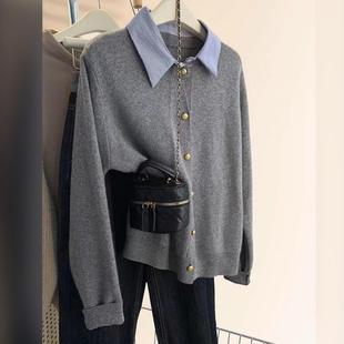 胖MM百搭翻领衬衫 拼接宽松遮肉针织打底衫 假两件上衣 韩版 秋冬新款