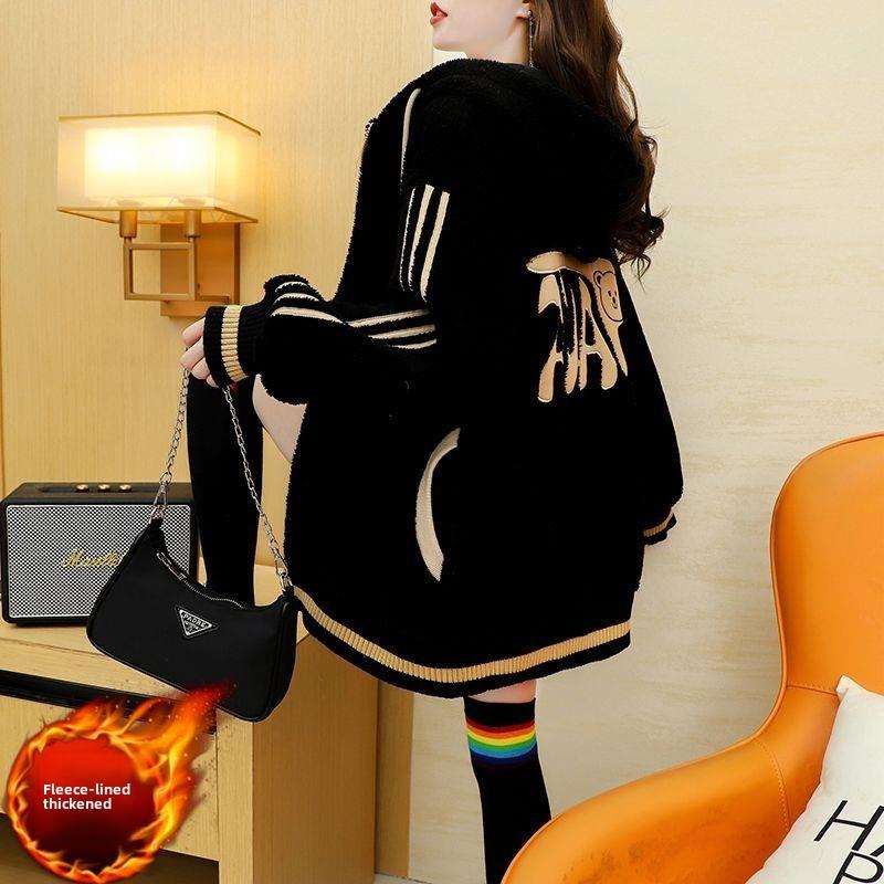 冬季新韩式加码女装羊毛衬里和加厚羊绒连帽运动衫拉炼开衫棉夹克