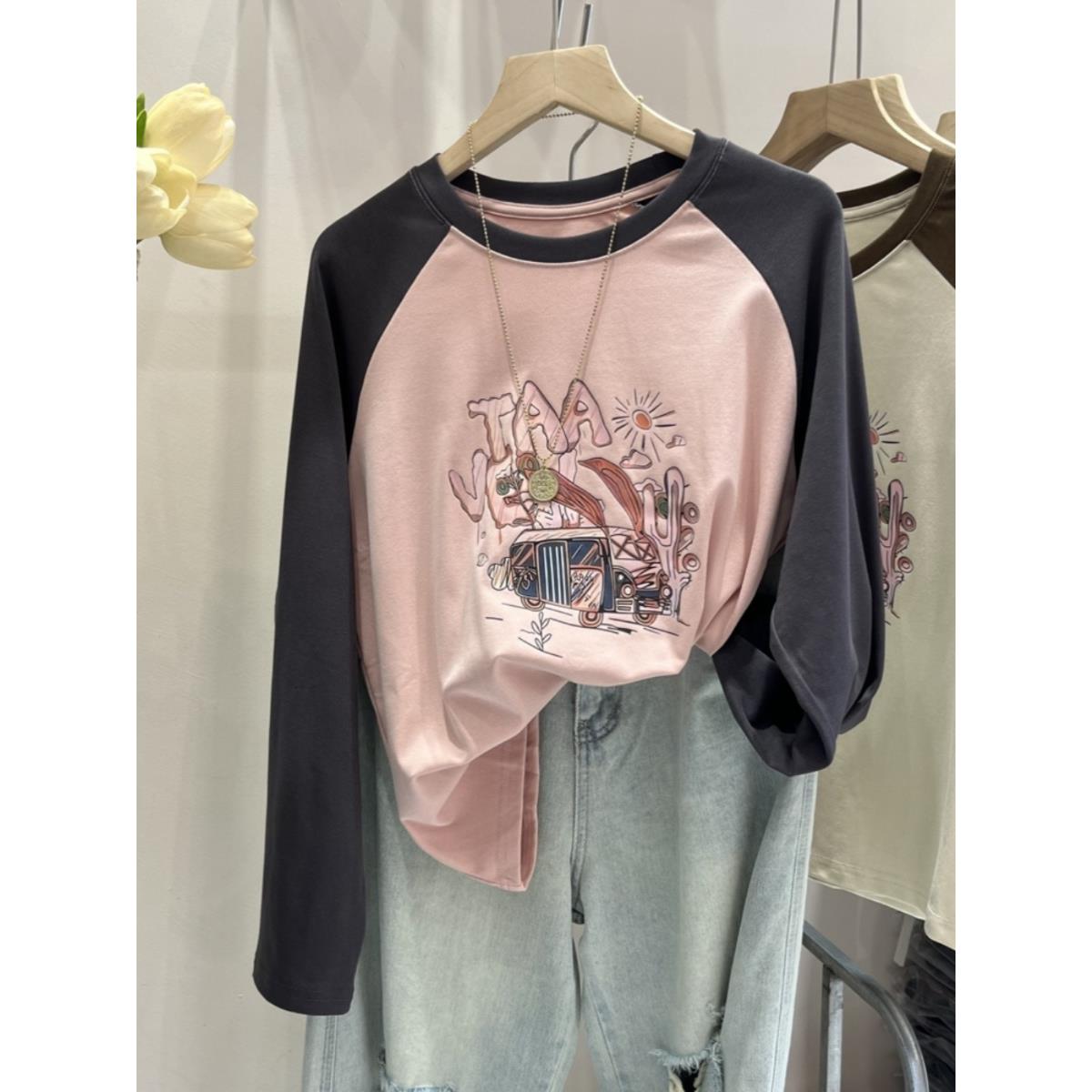 特大号150kg纯棉拉阔袖女式长袖t恤2024新款早秋松底衫