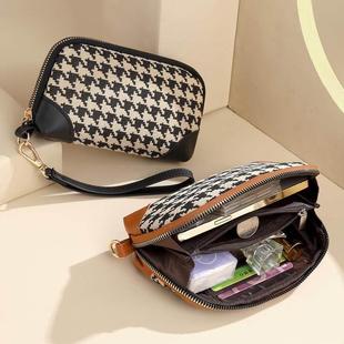 千鸟格零包手式 防水可钱放手机大容气量帆布手拿ELC包质钱包女腕