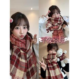 旦 秋冬女士圣诞格纹围巾 可爱元 学生百搭围巾 女生 厚实保暖
