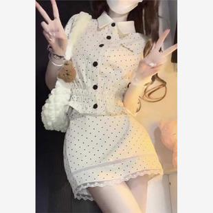 名媛半身裙小个子甜美减龄学院风Polo领短款 女高腰 波点时尚 衬衫