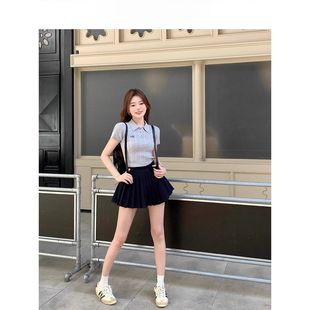 超火减龄上衣学院风polo领针织衫 刺绣t 女夏季 百搭设计感小众短款