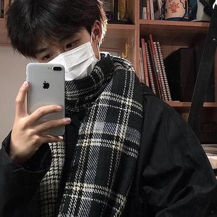 韩版 围巾男送男友礼物加厚百搭保暖围脖男学生潮男 氛围感格子冬季