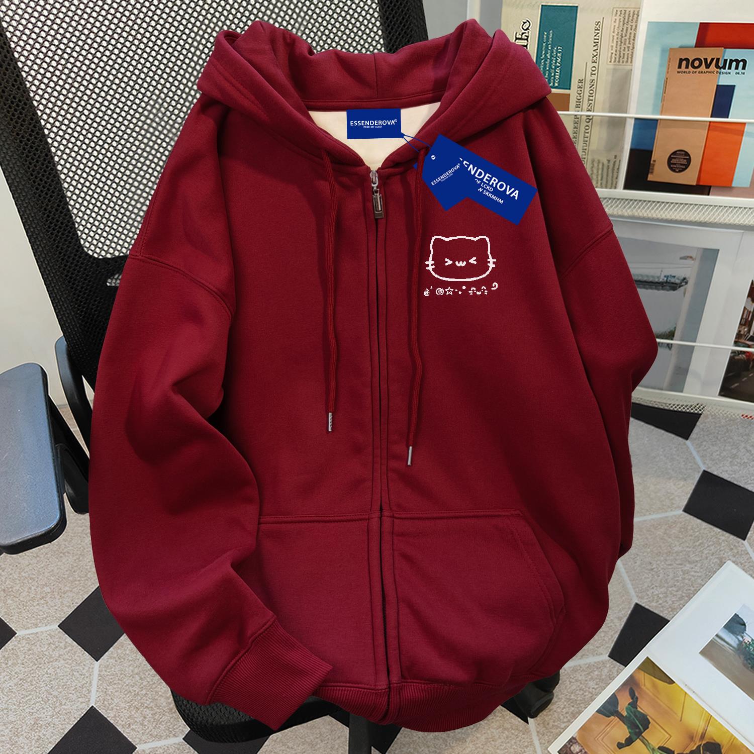 美式卡通小猫开衫连帽外套女秋冬2024显瘦慵懒风chic拉链复古卫衣