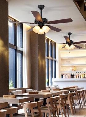 黑色吊扇灯餐厅简约电风扇灯美式乡村复古客厅工业铁木叶静音家用