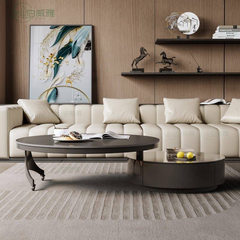 法式奶油风现代客厅家用办公创意设计可旋转不锈钢圆形伸缩圆茶几
