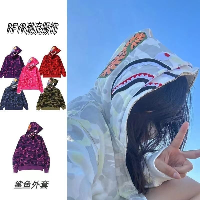 美式迷彩鲨鱼卫衣男迷彩双帽宽松学生街头休闲嘻哈女外套宽松显瘦