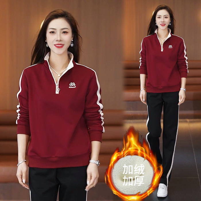 2025冬季新款加绒加厚女装韩版宽松立领运动服休闲套装两件套