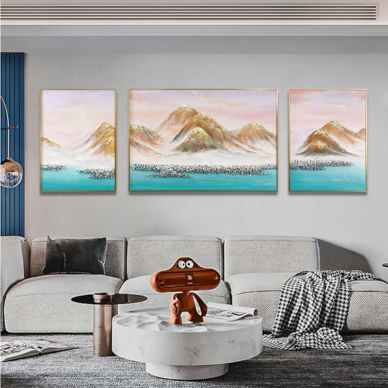 手绘砂岩肌理立体油画金色山脉山水酒店床头装饰画轻奢客厅三联画图片