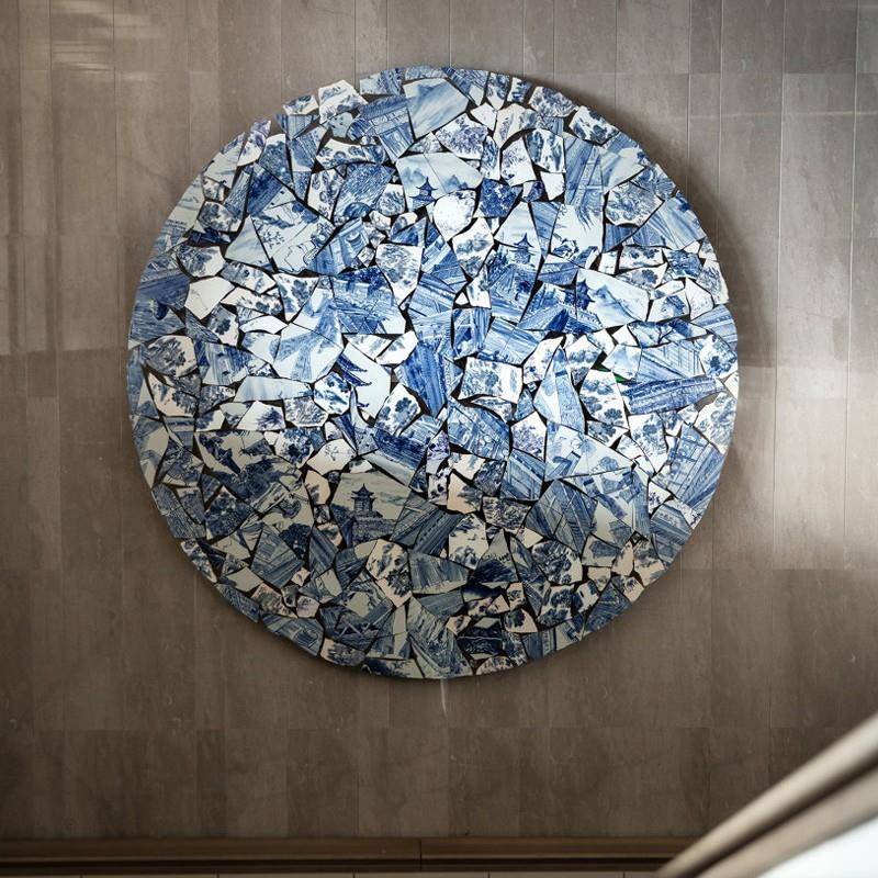 新中式入户玄关青花瓷装饰画客厅沙发背景墙立体挂画圆形创意壁画图片