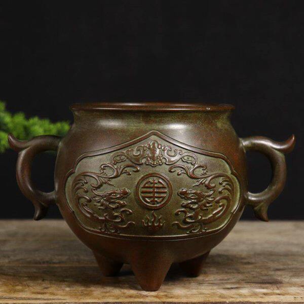 古玩收藏纯铜双龙三足香炉线香炉家居书房吧台办公室装饰礼品摆件