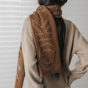 Katalogue提花针织双面长围巾女围脖保暖男