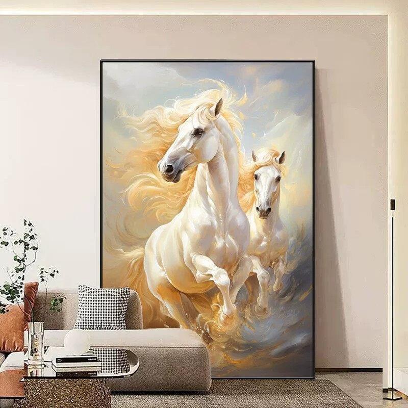 奔跑白色骏马客厅装饰画沙发背景墙壁挂画马到成功简约大幅落地画