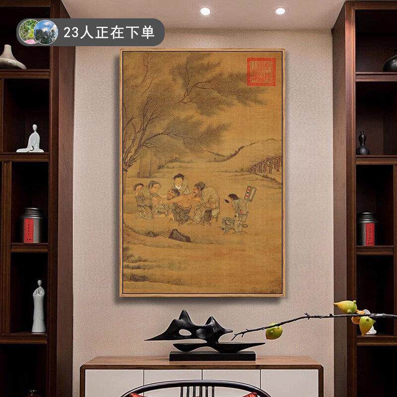 李唐炙艾图挂画中医养生馆装饰画新中式客厅玄关画针灸诊所墙壁画