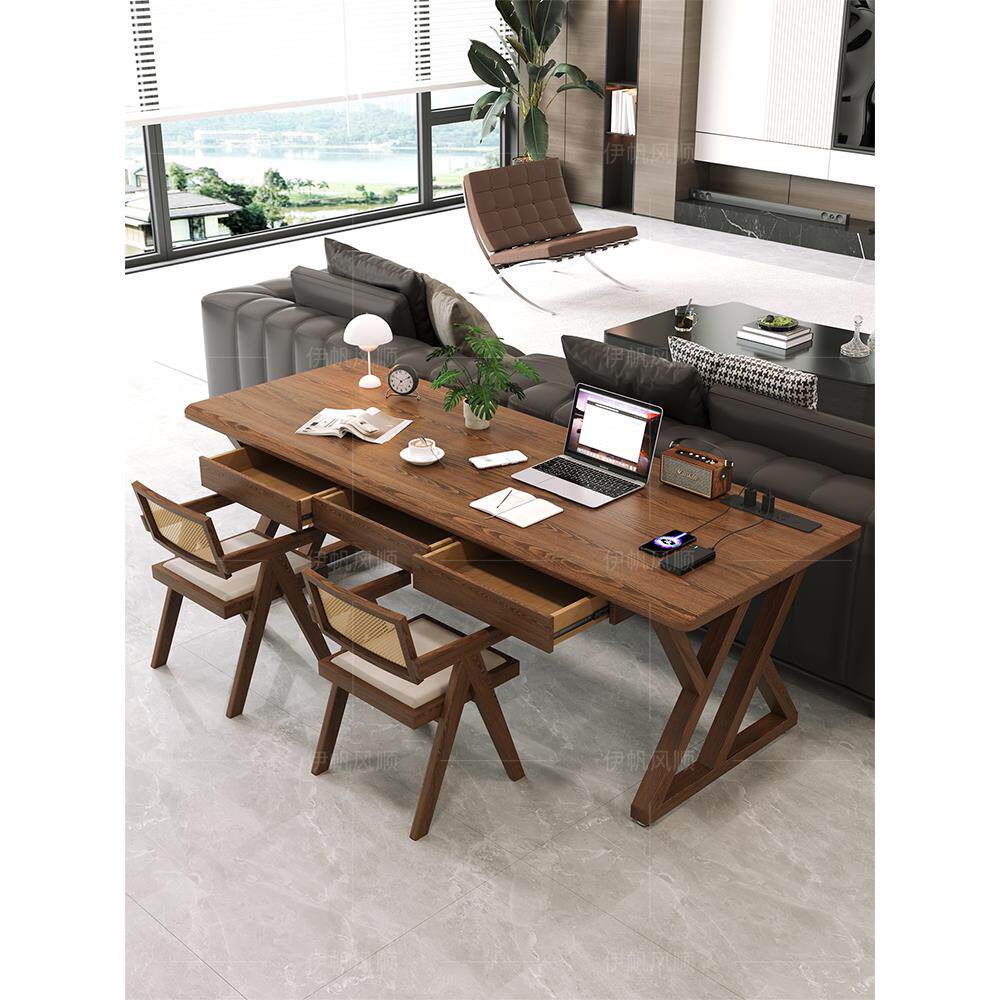 北美白蜡木书桌带抽屉电脑桌沙发后大横厅直拼长条桌学习桌工作台