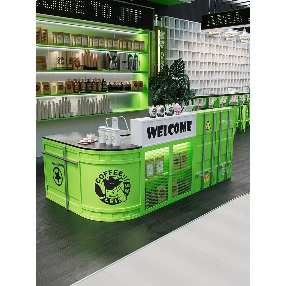 冷饮柠檬茶吧台收银台咖啡厅创意转角柜台工业风奶茶店前台接待台