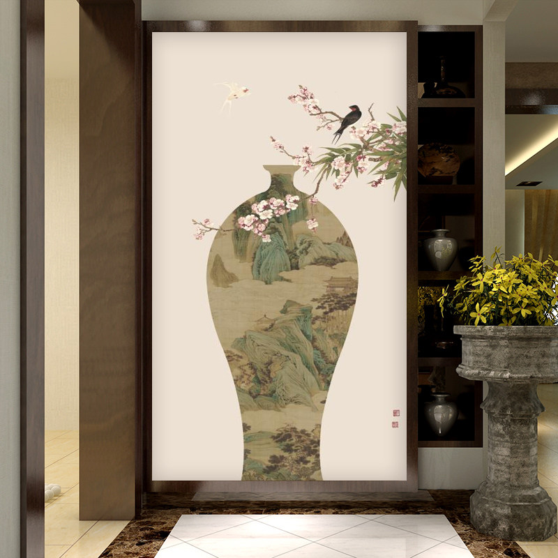 山水入户玄关装饰画新中式走廊正对门壁纸花鸟茶室楼梯间竖版壁画
