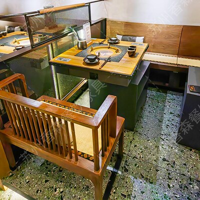 凑凑实木拼接火烧石火锅桌子电陶炉一体商用实木餐馆饭店桌椅组合