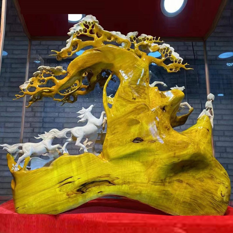 金丝楠木雕八骏雄风马到成功大根雕客厅店面会所公司门店开业摆件