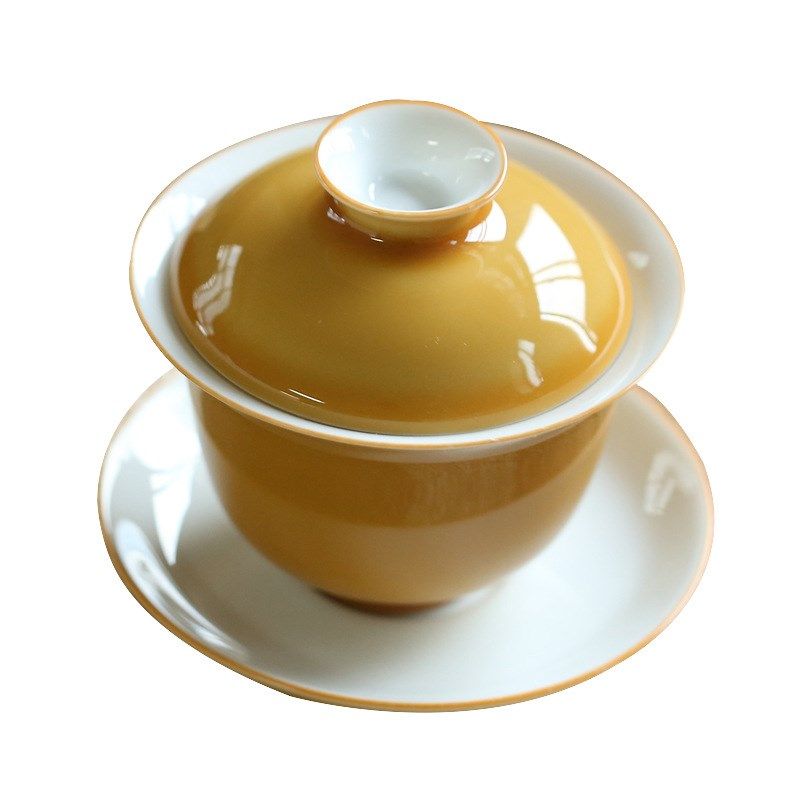 黄色白瓷三才盖碗茶杯不烫手大号茶碗功夫陶瓷茶具敬茶杯