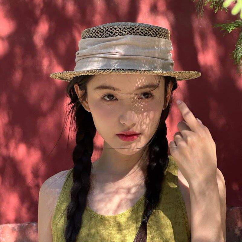 林小宅同款!法式咸草编织镂空平顶草帽女夏季防晒遮阳帽沙滩礼帽