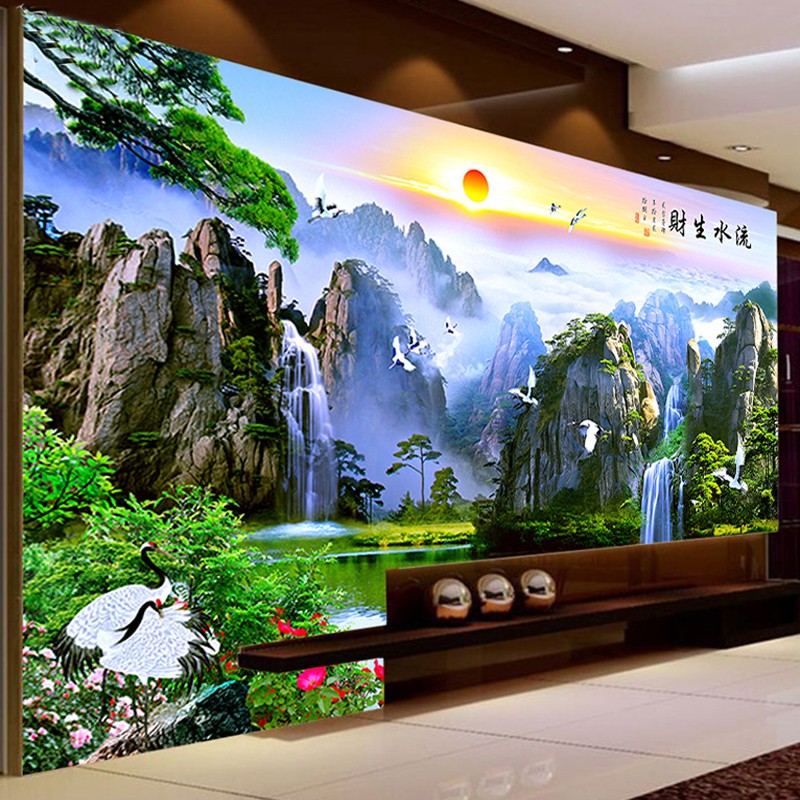 8d中式迎客松电视背景墙壁纸客厅山水风景画壁纸墙布流水生财壁画