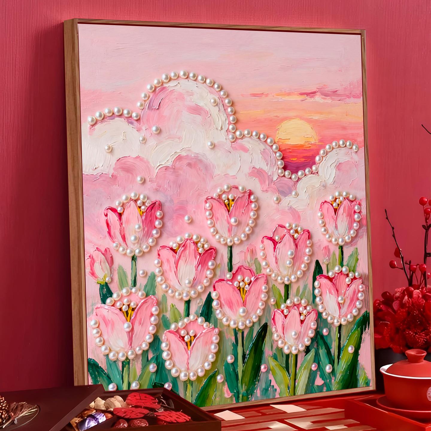 玫瑰城堡花卉珍珠画diy简单手工粘钻石画摆件送朋友礼物寓意好