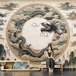 墙纸复古风电视背景设计壁画餐厅酒店大厅墙布 龙图腾壁纸轻奢中式