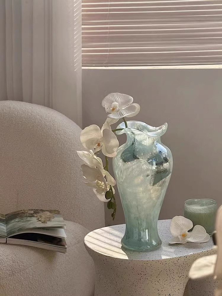 法国蓝色中世纪芬顿玻璃花瓶，无障碍豪华插花，水培形状花容器，