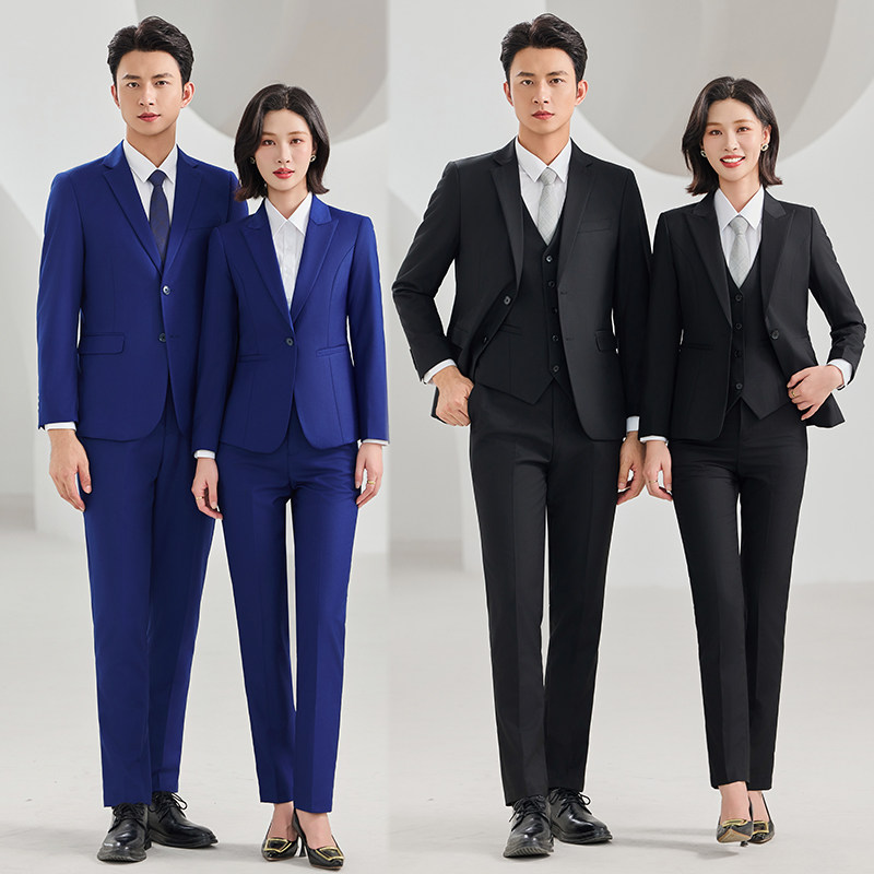 蓝色西服套装男女职业正装商务西装修身抗皱免烫三件套销售工作服