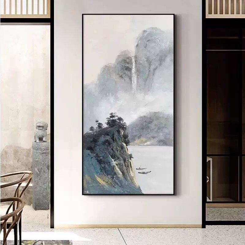 大芬村纯手绘油画新中式山水风景抽象客厅装饰画玄关过道竖版挂画